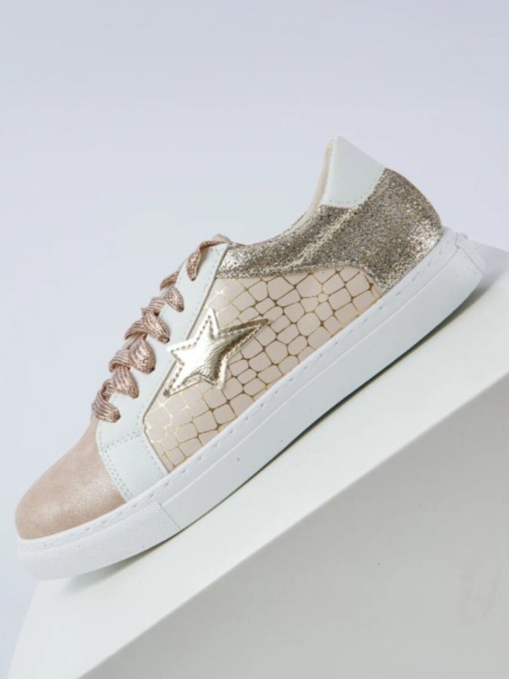 Gold Glitter Star Patchwork Leather Lace-Up Sneakers - Picture 2 of 16